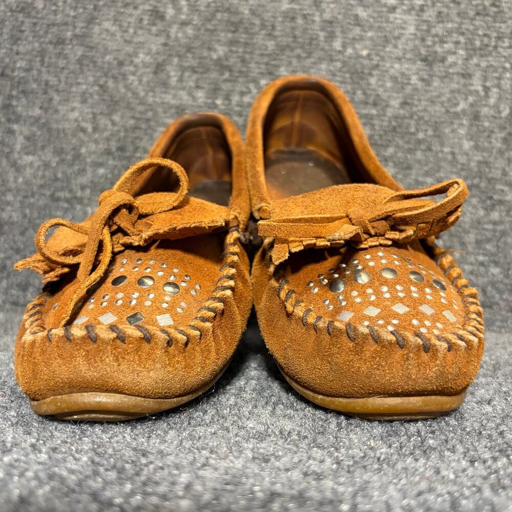 Minnetonka Suede Fringe Moccasin Studded Bow Brown Tlats Shoes Womens 8.5 - Picture 4 of 8
